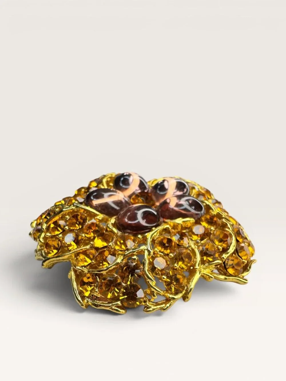 1960s Amber Crystal Lavender Lucite Flower Brooch Gold Tone Openwork Vintage